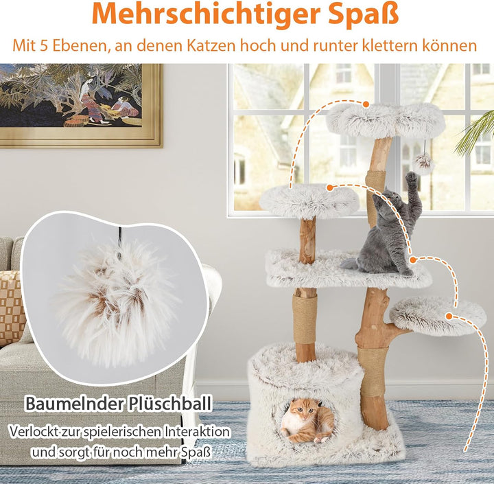 COSTWAY 135cm Kratzbaum Holz, Katzenbaum mit Katzenhöhle, Plüschsitzfläche, Sitzplattform &amp; Ball, Ka