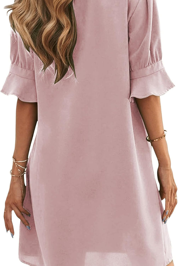 Famulily Frauen V-Ausschnitt Halbarm Hemdkleid Elegant Sommer Casual Einfarbig Kurzes Kleid S-XXL M