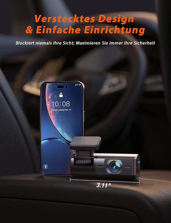 iZEEKER 2,5K Dashcam WiFi Dashkamera für Autos, Mini Auto Kamera 1440P Front Dashcam mit App-Unterst