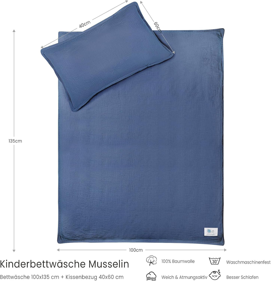 Musselin Kinderbettwäsche 100x135: Bettbezug 100x135 + Kissenbezug 40x60cm aus Baumwolle – Leicht un