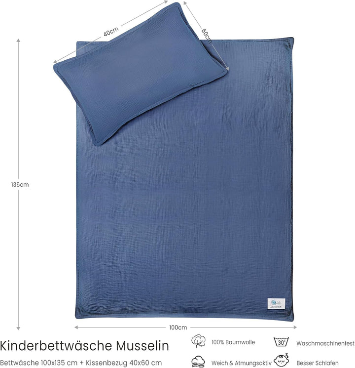 Musselin Kinderbettwäsche 100x135: Bettbezug 100x135 + Kissenbezug 40x60cm aus Baumwolle – Leicht un