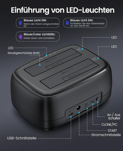 ORICO Festplatten Docking Station, Offline Klon USB 3.2 Gen 1 SSD/HDD Dockingstation für 2,5" und 3,