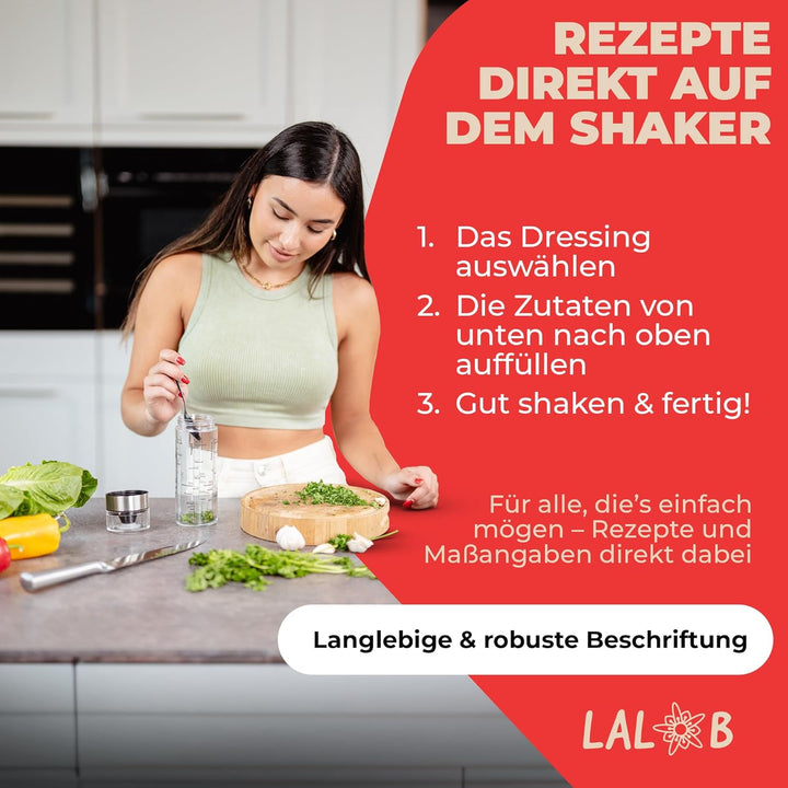 LALOB® Dressing Shaker – spülmaschienegeeignet - mit 5 Rezept-Skalen in 175 ml & 350 ml – Auslaufsic