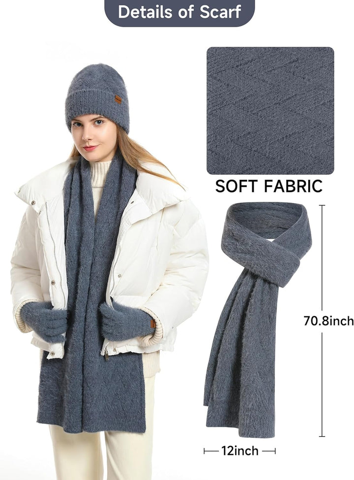 CAMLAKEE Wintermütze Schal Handschuhe Set Damen Strickmütze Handschuh Nackenwärmer Frauen Strickset