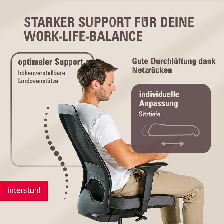 Interstuhl Style AIR + Ergonomischer Bürostuhl mit hoher Rückenlehne für grosse Menschen, Synchronme