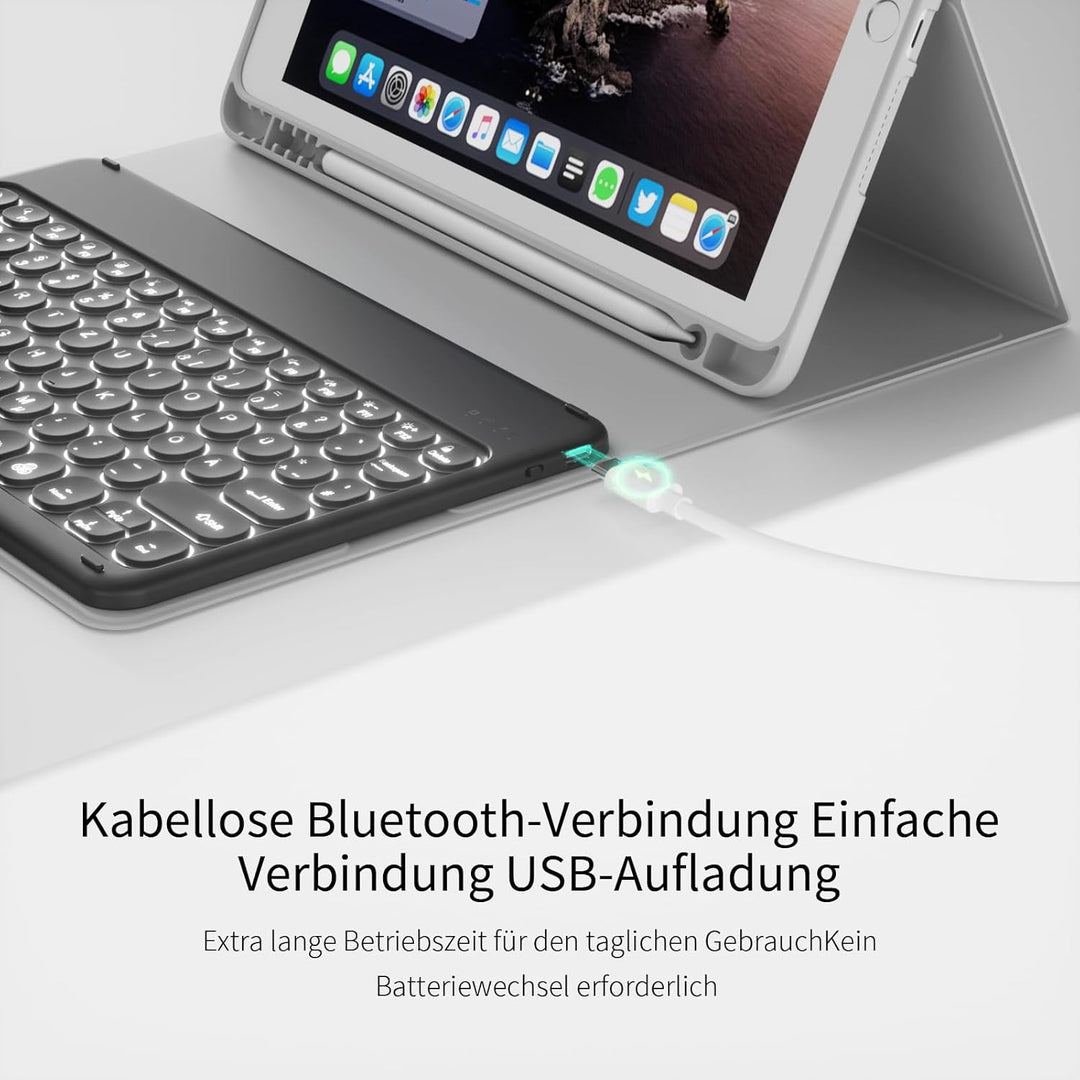 Hülle mit Tastatur für iPad 9/8/7 Generation (2021/2020/2019) 10.2 Zoll Soft TPU Rückschalemit Stift