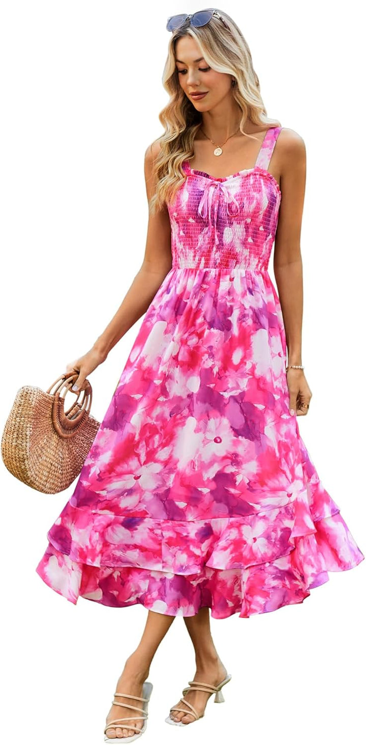 GRACE KARIN Damen langes Blumenkleid Ärmellos Spaghettiträger Freizeitkleid Böhmisch Maxikleid Stran