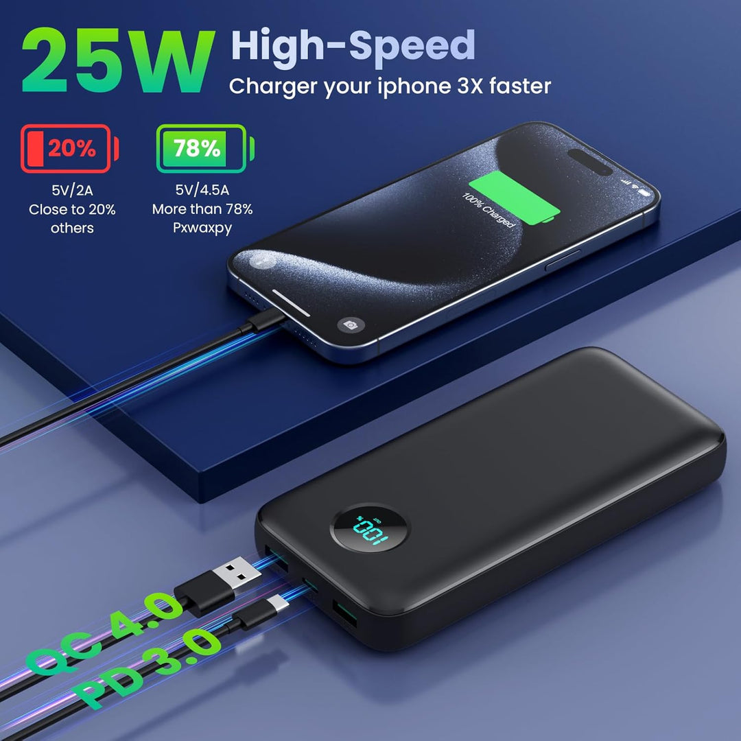 Power Bank USB C mit Kabel 26800mAh, PD 25W QC4.0 Schnellladung Powerbank, 5 Ausgängen Externe Handy