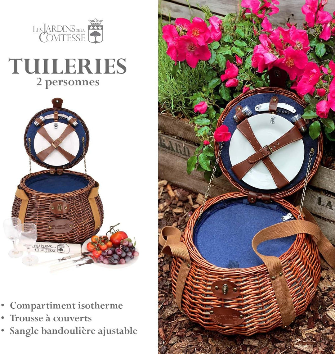 Les Jardins de la Comtesse - Kleiner runder Picknickkorb Tuileries - Komplett für 2 Personen - Feste