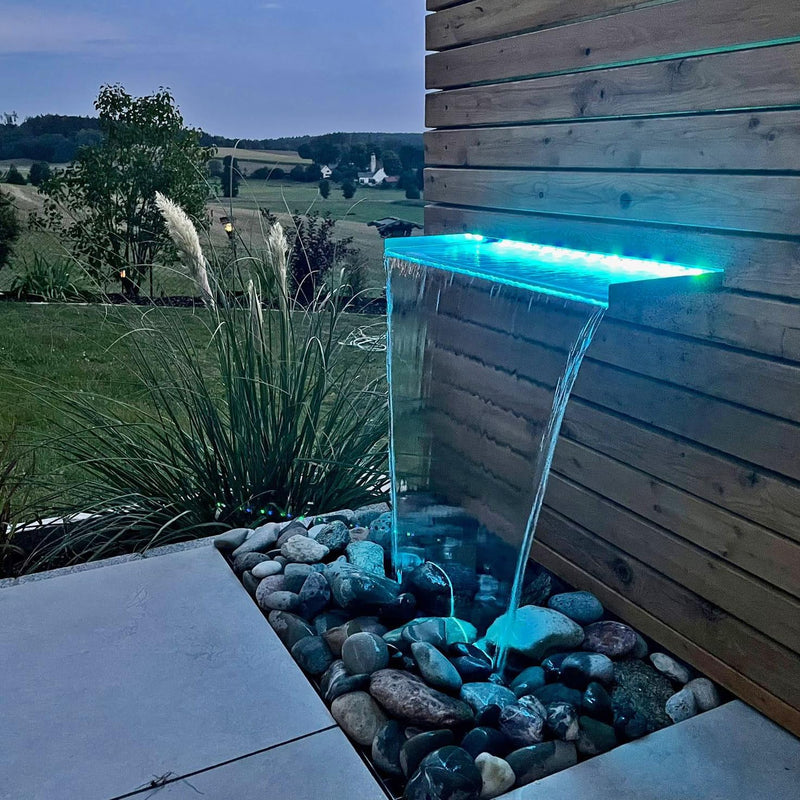 CLGarden 60cm Wasserfall Edelstahl Einsatz DIY mit LED Beleuchtung RGB Licht für Steinmauer Wand Gar