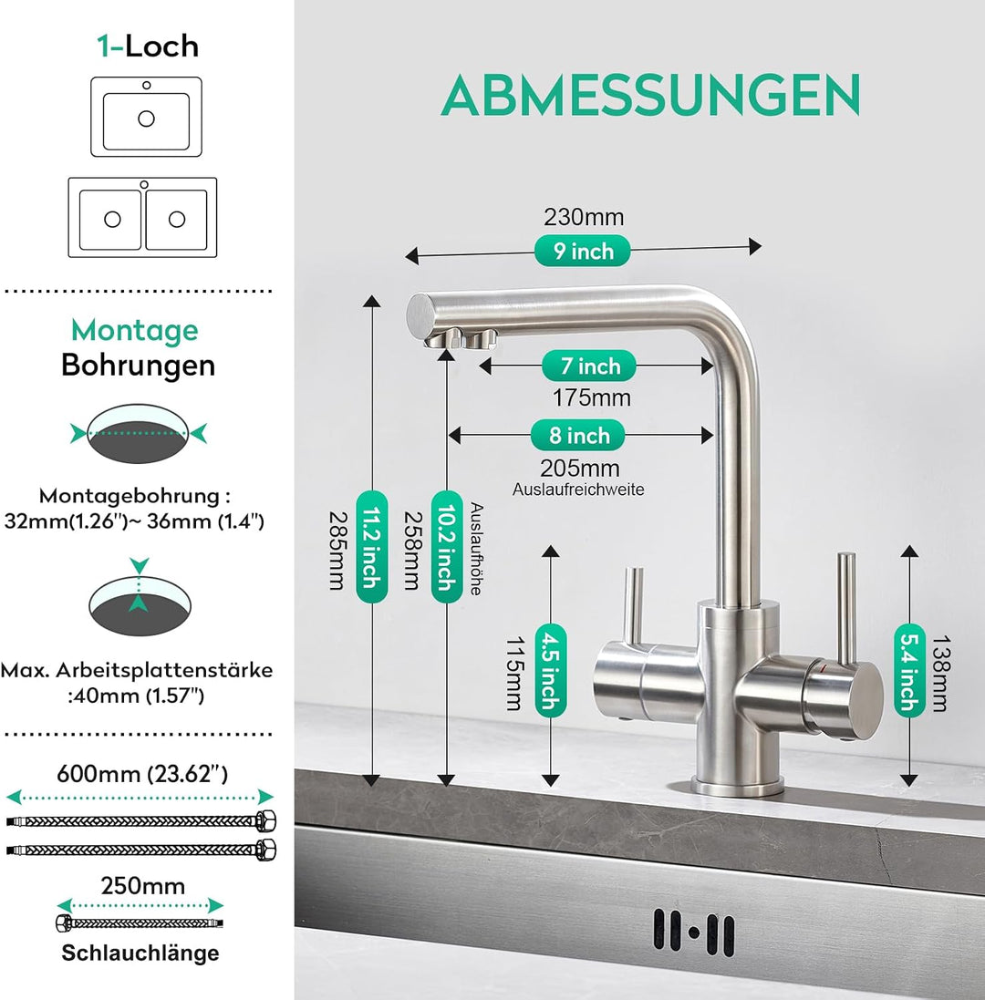 CREA Niederdruck Armatur Küche, 3 Wege Wasserhahn Küche, 360° Drehbar Küchenarmatur, 3 in 1 Mischbat