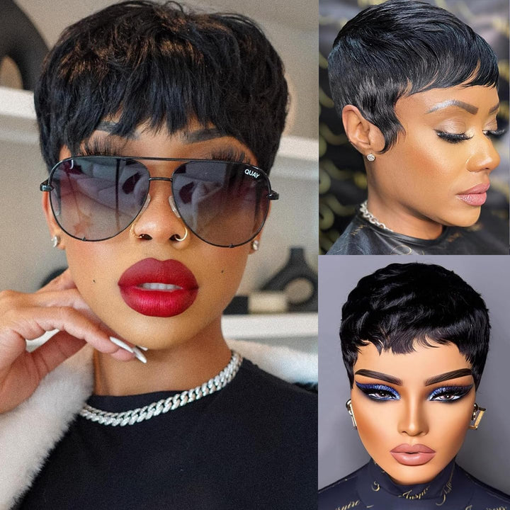 Echthaarperücke Kurzer Pixie-Cut Schwarzer Bob Perücken für Frauen Kleberlos geschichtet Keine Lace