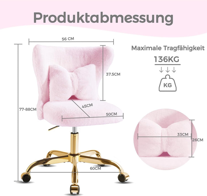 Schminktisch Stuhl mit Rollen Gold, Schreibtischsessel Mädchen, Drehstuhl Home Office mit Kissen, Hö