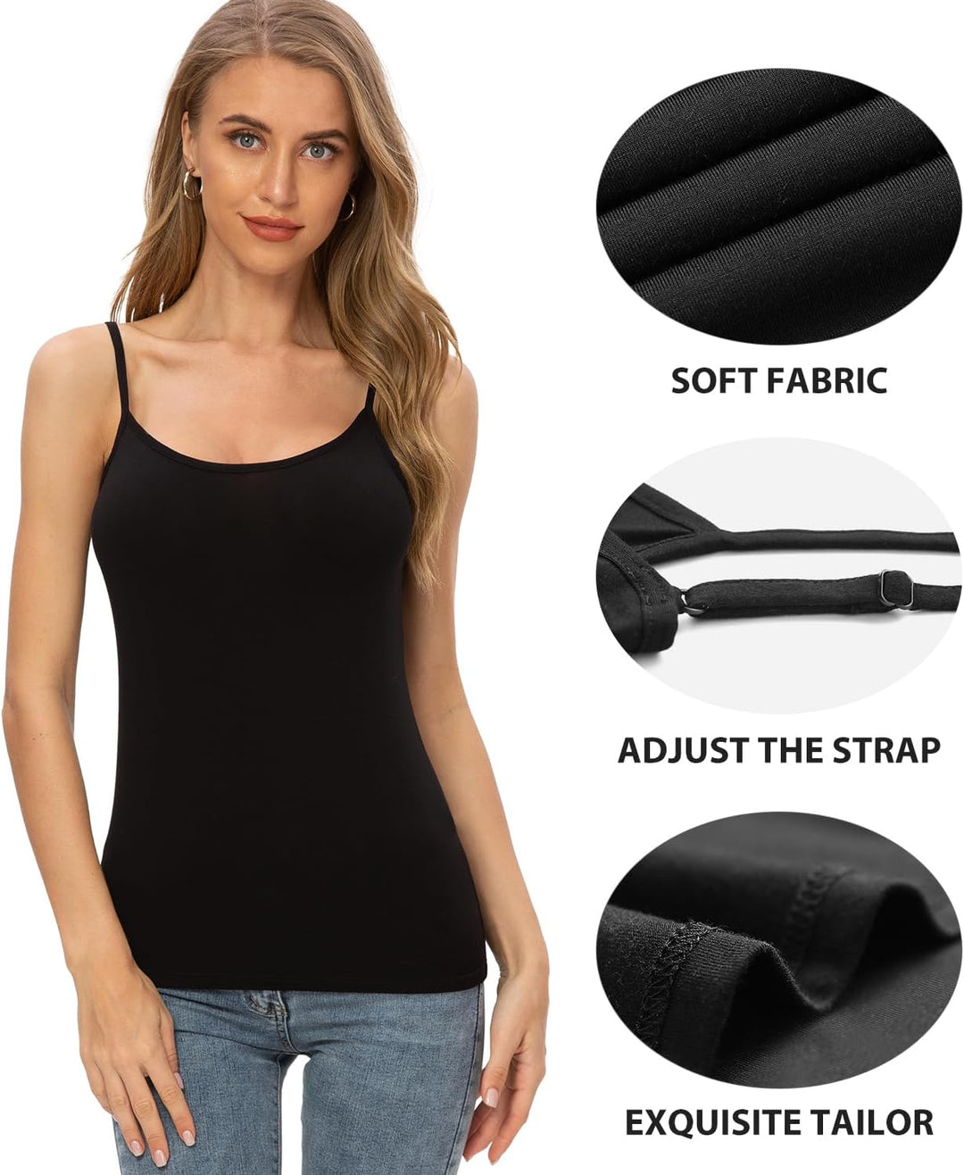 Knuffnee Damen Unterhemden Verstellbare Spaghetti Tops Basic Cami Tank Top 4er Pack, Schwarz/Grau/Du