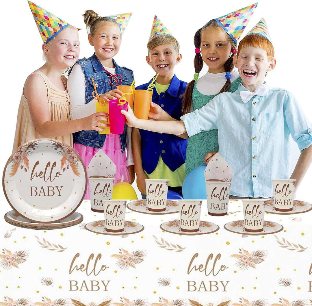 Doyomtoy Boho Baby Shower Partygeschirr,61Stück Baby Shower Papiergeschirr Set - Pappteller Papiertü