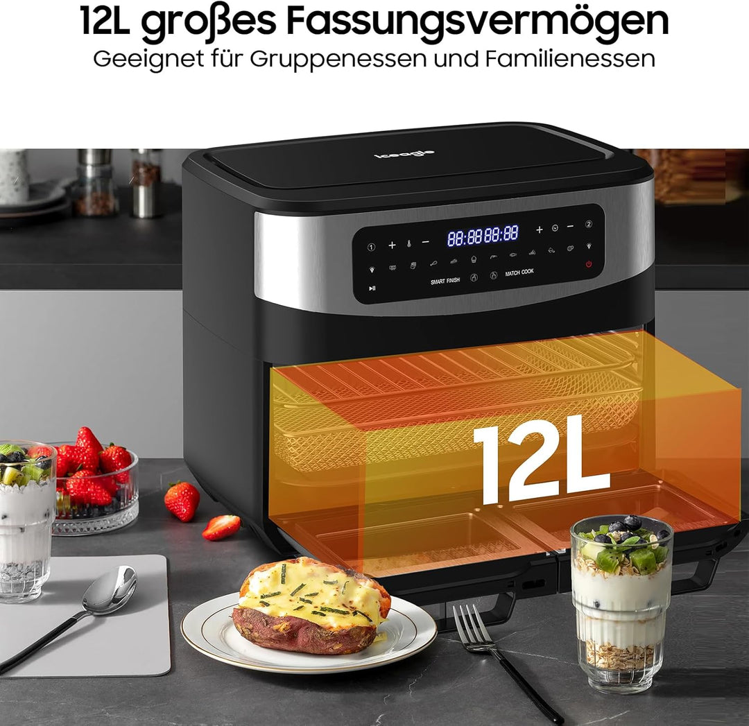 Iceagle Heissluftfritteuse Doppelkammer Airfryer 12L - Heissluftfriteuse XXL Friteuse mit Sichtfenst
