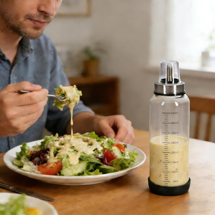 Salatdressing Shaker aus Glas 450 ml 2er Set, Dressingshaker mit Edelstahl Ausgiesser Tropffrei, Sau