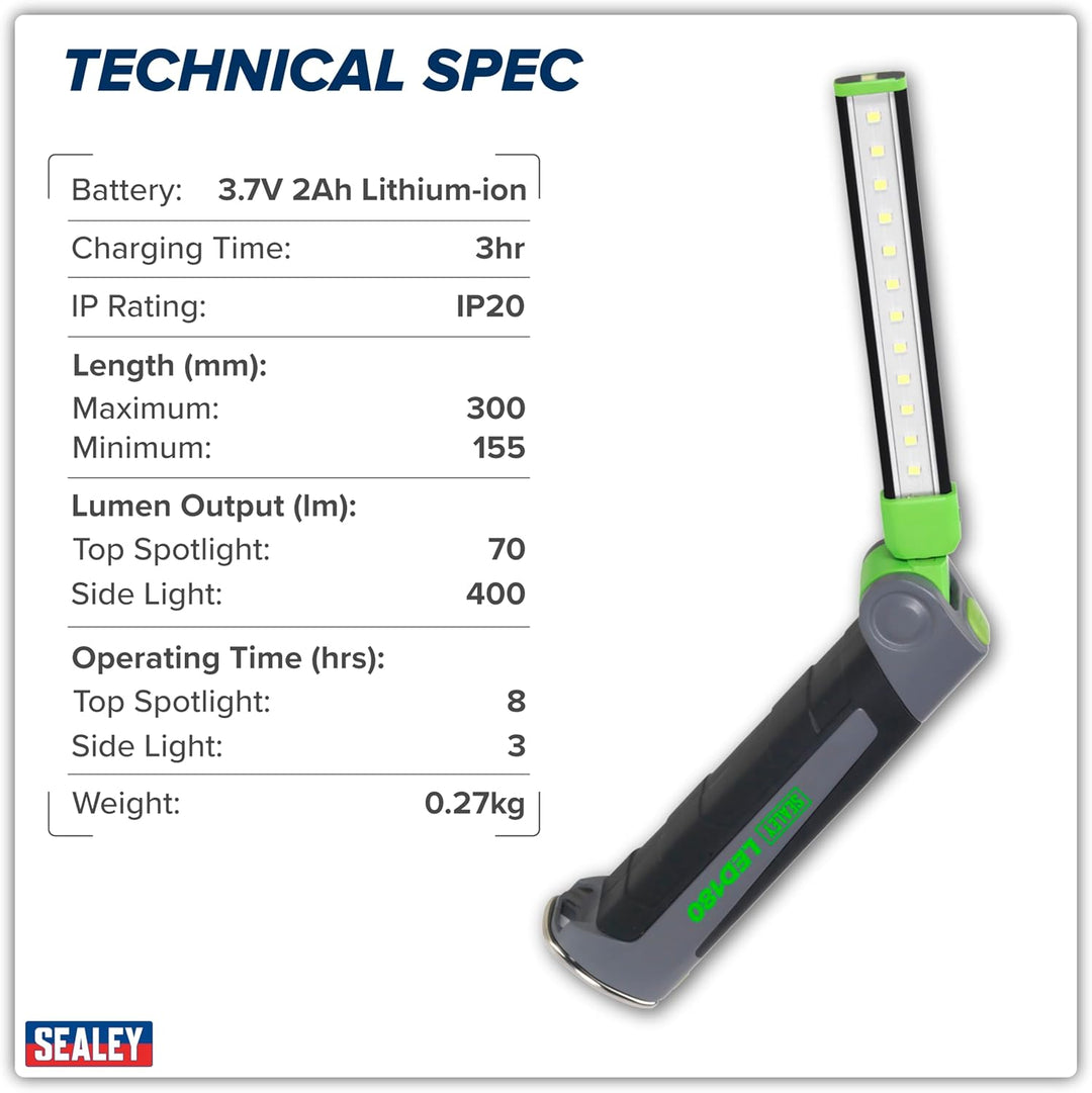 Sealey LED180 12 SMD LED + 1W LED Wiederaufladbare Slim Inspektionslampe Lithium-Ionen