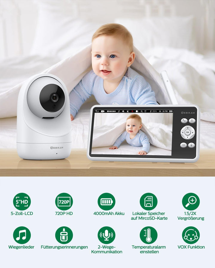 Sebikam Babyphone mit Kamera 5 Zoll 720P HD Bildschirm Video Baby Monitor, 4000mAh Akku PTZ 355° Bab