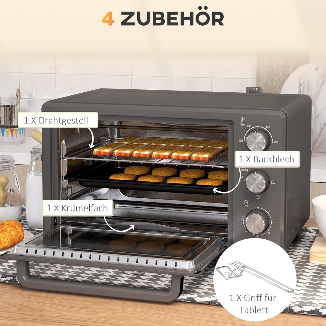 HOMCOM Minibackofen 21L 1400W 60 Min. Timer, Kleinbackofen mit 100 °C-230 °C einstellbar Temperatur