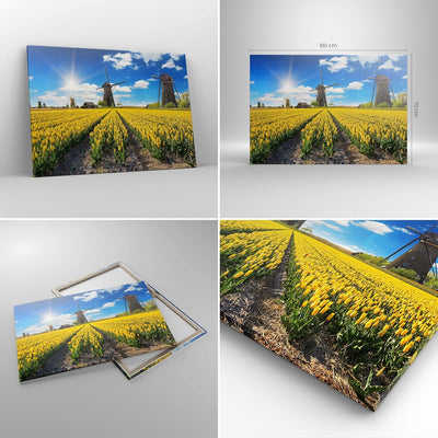 Bilder auf Leinwand 100x70cm Leinwandbild Tulpen Windmühle Wiese Landschaft Gross Wanddeko Bild Schl