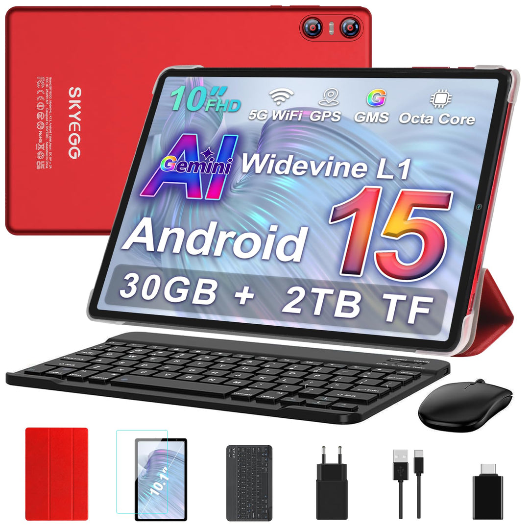 Android 15 Tablet 10 Zoll mit Gemini AI, 30 GB RAM + Erweiterbar auf 2 TB ROM, Widevine L1, 5G WLAN,