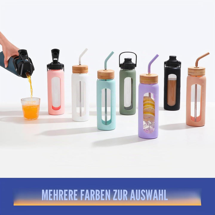 BLUEGO 700ml Glaswasserflasche mit Strohhalm und 2 Deckeln Kaffeetasse aus Glas mit Zeitmarkierung u