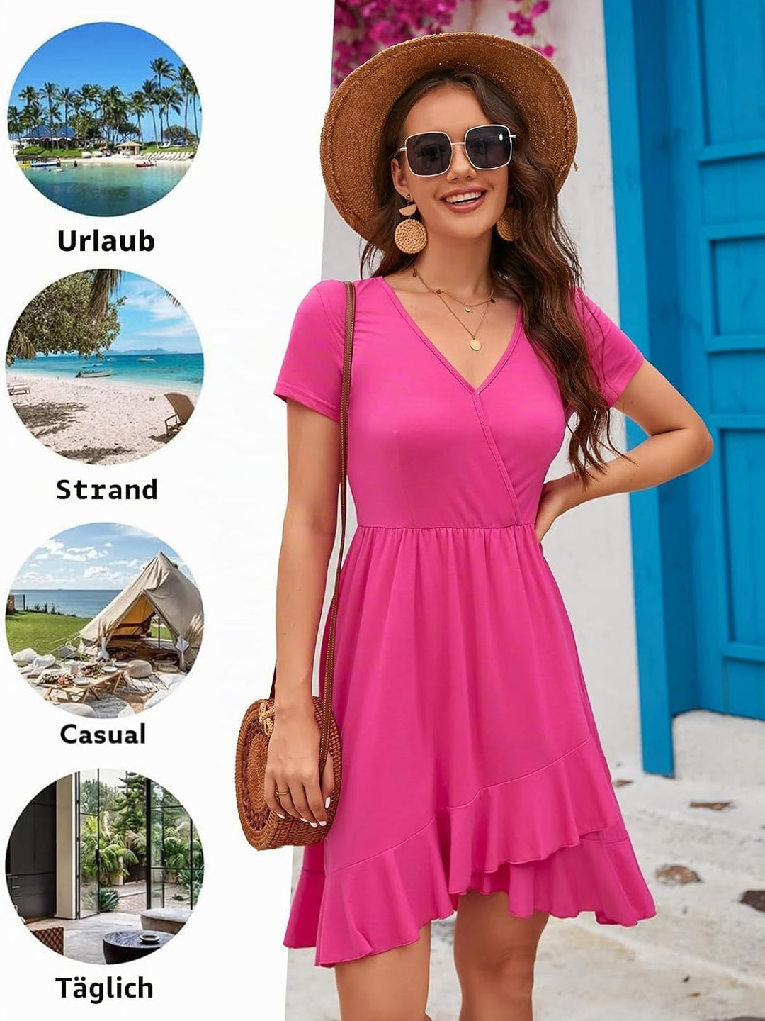 ULTRANICE Damen Sommerkleider Blumenmuster Kleid V-Ausschnitt Strandkleid Verstellbaren Spaghettiträ