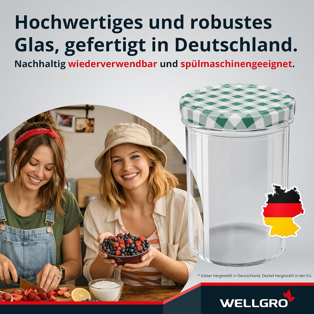 WELLGRO 200x Einmachgläser mit Schraubdeckel - 435 ml, 8,5 x 12 cm (ØxH), Glas/Metall, grün karierte