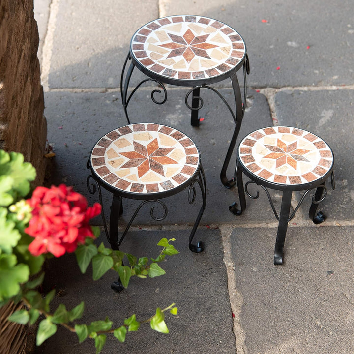 dszapaci Blumenhocker 3er Set Mosaik rund Garten Blumenständer Metall Terrasse Pflanzenständer Keram