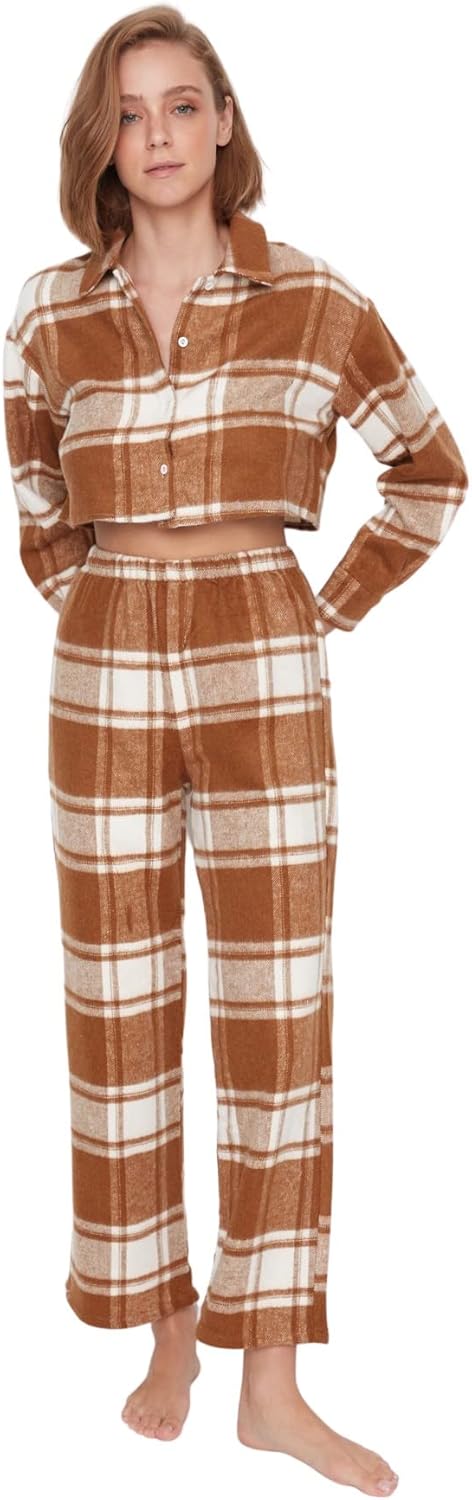 TRENDYOL Damen Kariert Mitte Webstoff Hemd-Hose Pyjama Pajama Set (2er Pack) 38 Cinnamon, 38 Cinnamo
