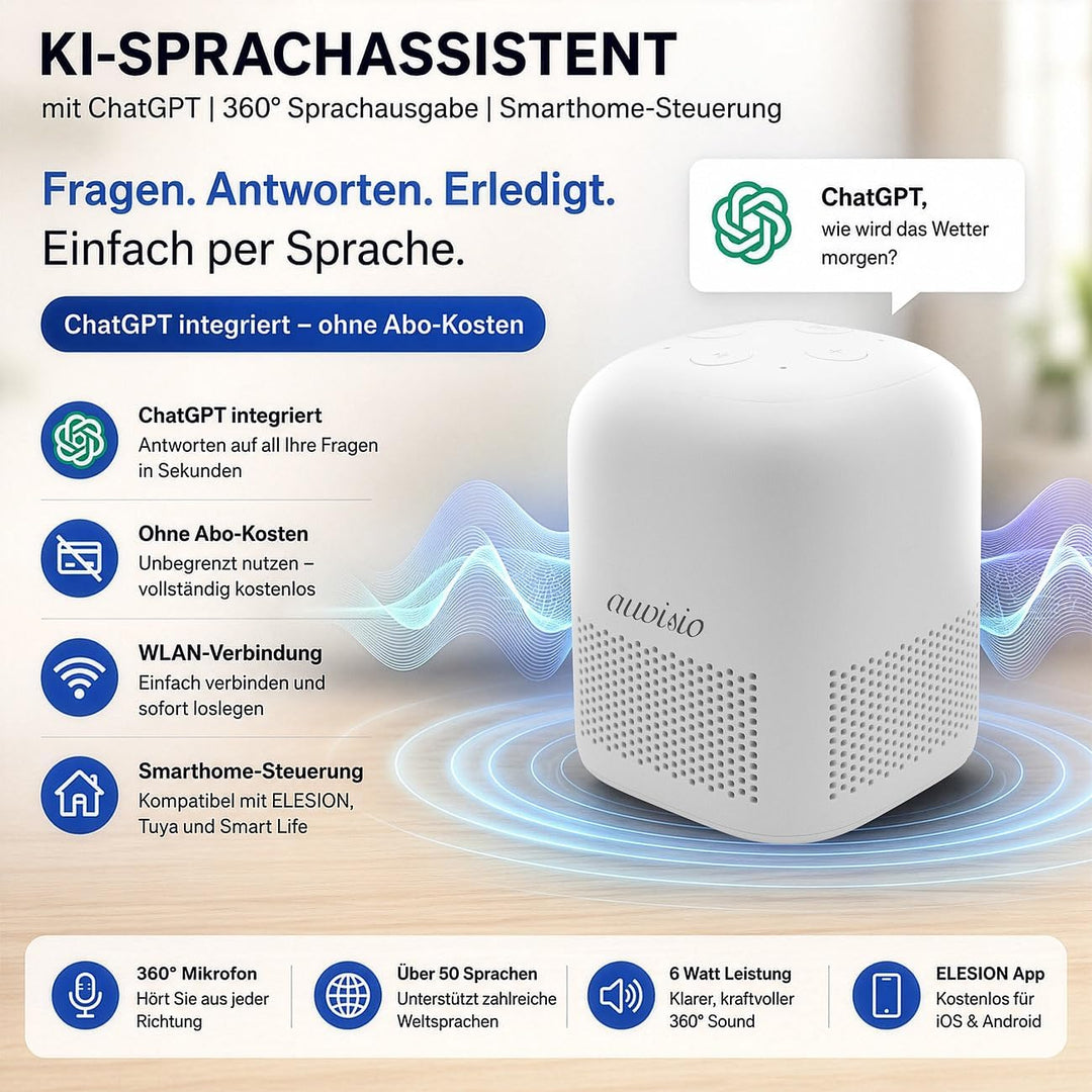 auvisio Smarthome Lautsprecher: KI-Sprachassistent mit ChatGPT,360° Sprachausgabe, Smarthome-Steueru