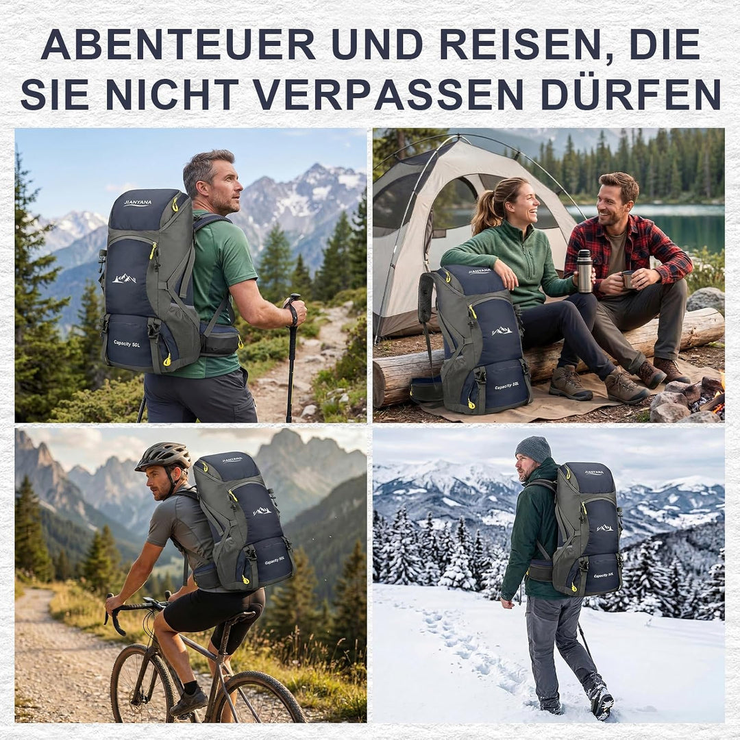 jianyana Wanderrucksack 50L Trekkingrucksack Regenhülle Reiserucksack Wasserdichter Campingrucksack
