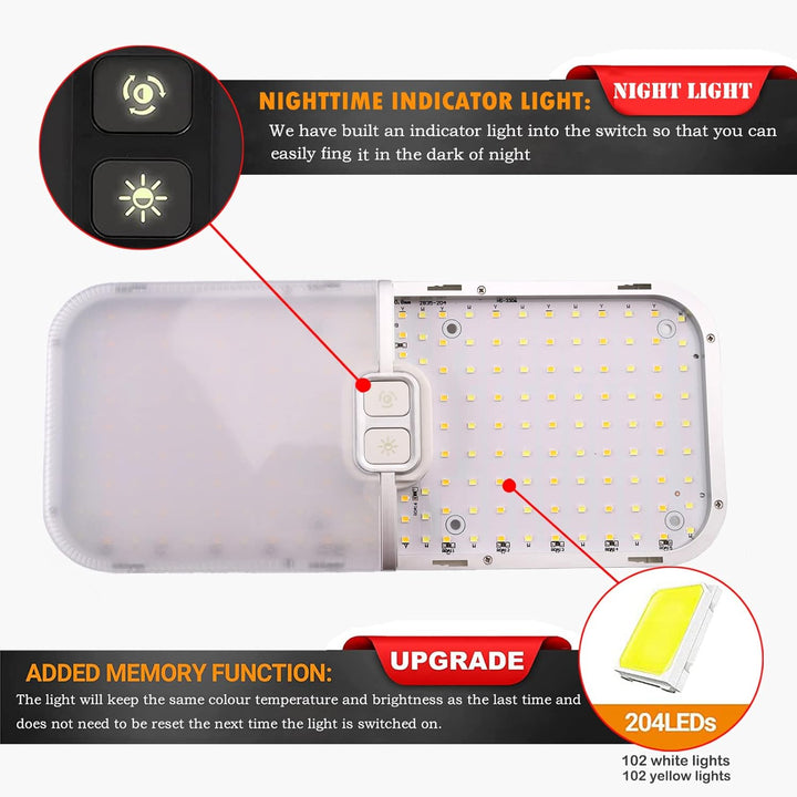 Intckwan 12 Volt Led Lampen Wohnmobil, 204LEDs, 15W, Dimmbar Dach Wohnmobilbeleuchtung mit Speichers