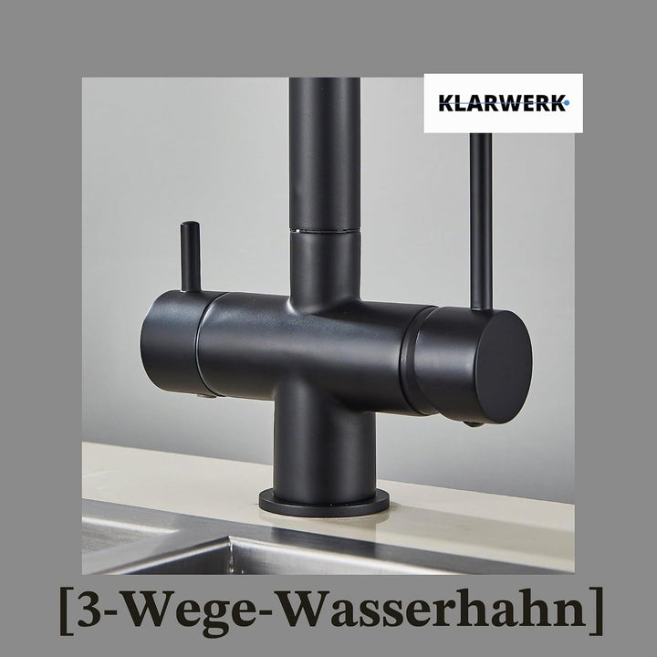 Felix | 3 Wege Premium Schwarz matt ausziehbare Armatur | Edelstahl Osmose Wasserhahn Küche |Mischba