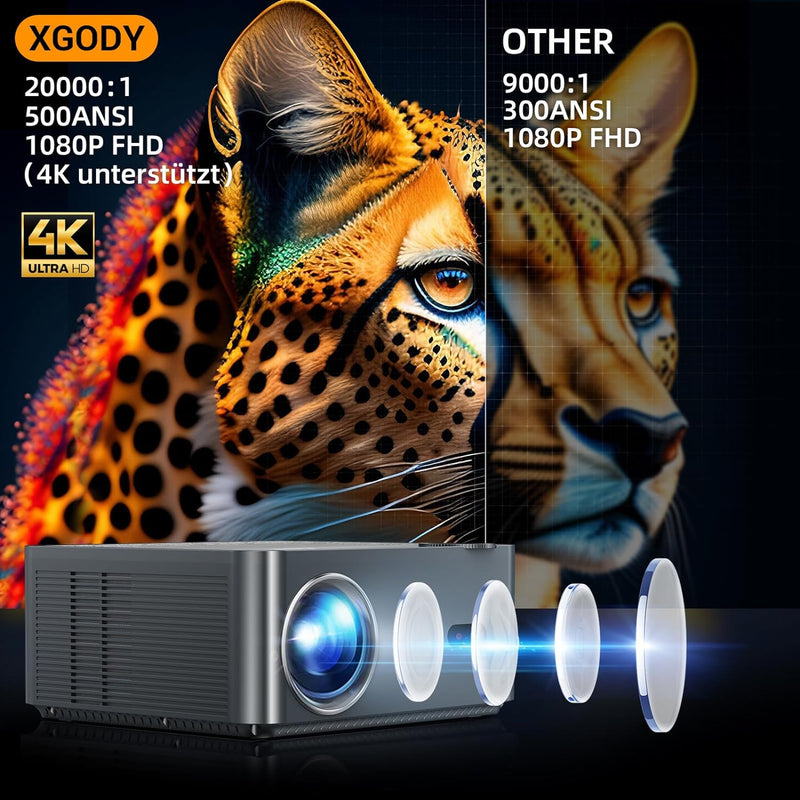 XGODY A45 Android Beamer unterstützt 4K Native 1080P FHD Projektor, 500 ANSI Autofokus Projector mit