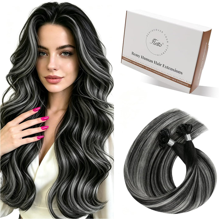 Hetto Extensions Echthaar Bondings Balayage Schwarz &amp; Silber 40cm 50 Stück 1g/Stück – Natürliche Str