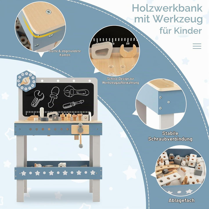 DREAMADE Werkbank Kinder, Werkzeugbank für Kinder aus Holz mit 61 Zubehör, Werkzeug Spielzeug Set mi