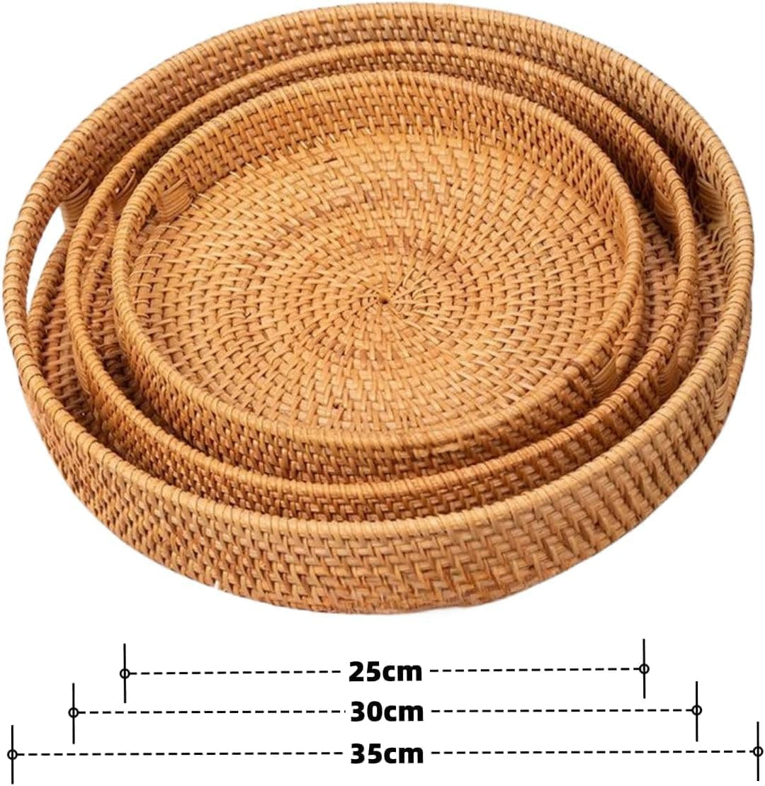 Rundes Rattan Serviertablett mit Ausgeschnittenen Griffen, Handgeflochtenes Dekoratives Tablett, ein