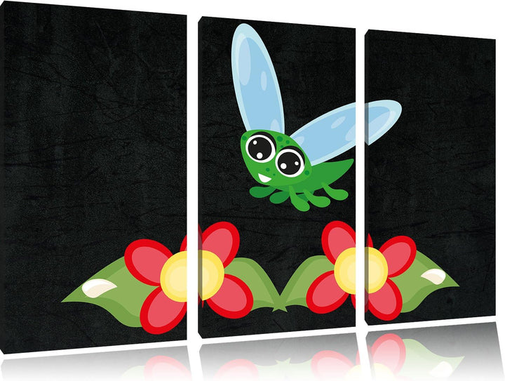 Pixxprint süsse Libelle mit Blumen als Leinwandbild/Grösse: 3 Teilig (120x80) cm/Wandbild/Kunstdruck
