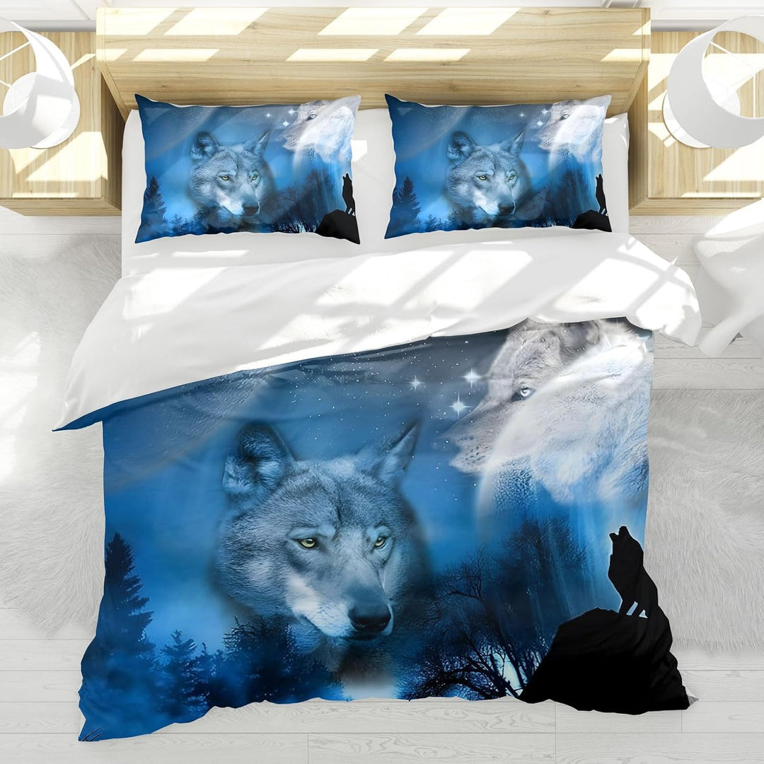 3D Wolf Theme Muster Bettbezug,3D Realistisches Tier Wolf Motiv Bettwäsche Set,Wolf-Motiv-Druck-Desi