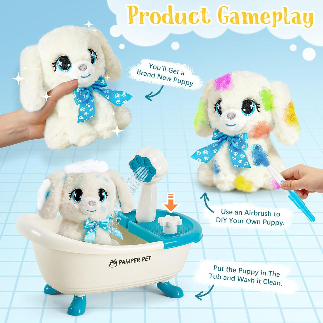 Hund Spielzeug Kinder, Hund Kuscheltier mit Drück-Wasser-Badewanne &amp; Waschbaren Buntstifte, Kreative