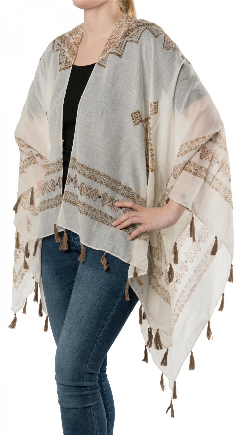 styleBREAKER Leichter Sommer Poncho mit Ethno Muster, Quasten, Strand, Boho Style, Damen 08010022, F