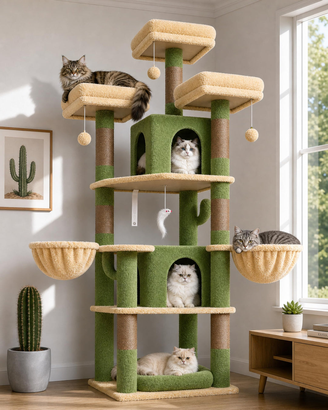 Globlazer Kratzbaum Grün Kaktus Stabil 174 cm mit 3 Gepolsterte Sitzstangen, 2 Katzenhaus, 2 Korb, A