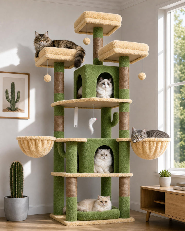Globlazer Kratzbaum Grün Kaktus Stabil 174 cm mit 3 Gepolsterte Sitzstangen, 2 Katzenhaus, 2 Korb, A