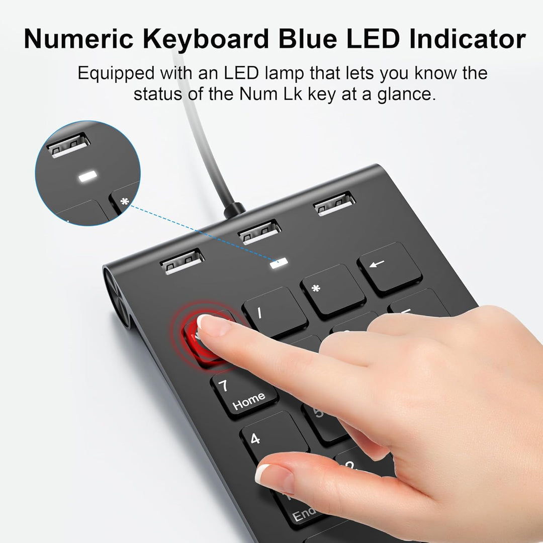 Numeric Keypad Wired Numpad, USB A/USB C Ziffernblock Ergonomischer Mini Nummernblock mit 3 USB 2.0