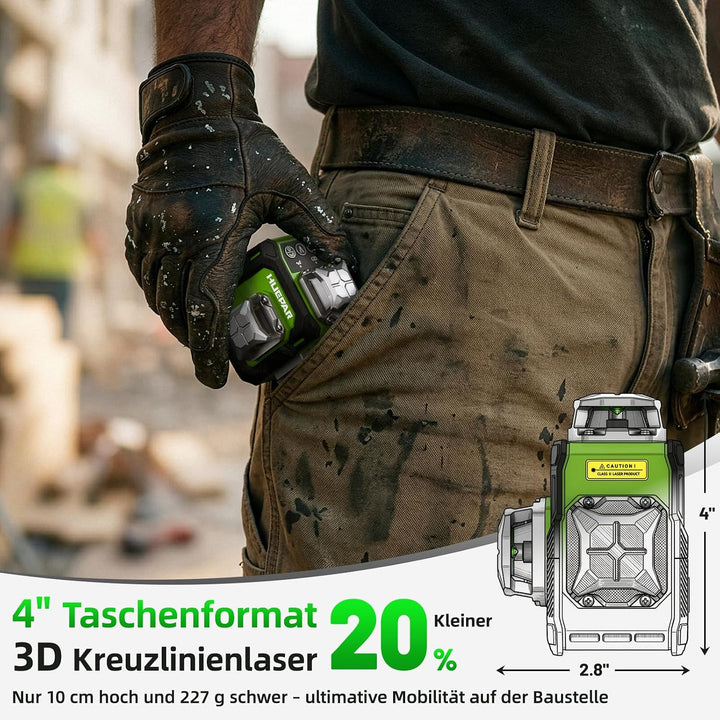 Huepar Kreuzlinienlaser 360 grün, Kompakt wiederaufladbar Laser Wasserwaage selbstnivellierendend 3x