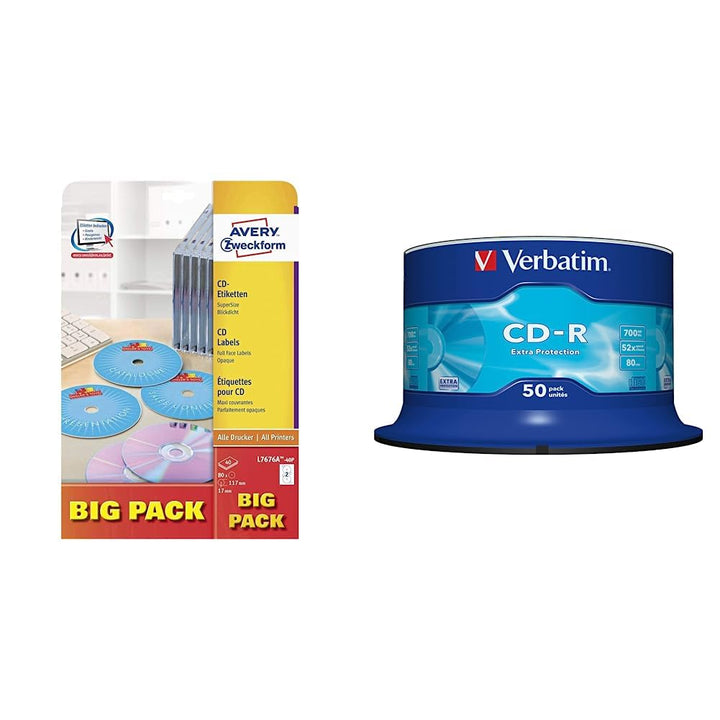 AVERY Zweckform L7676A-40P selbstklebende CD-Etiketten & Verbatim CD-R Extra Protection, CD-Rohlinge