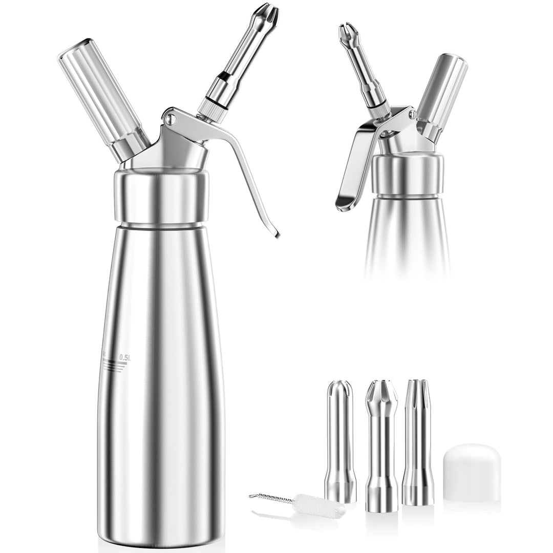 Newaner 500ml sahnespender, Sahnesyphon Aluminium mit 3 Edelstahl Deko-Düsen und 1 Reinigungbürste,
