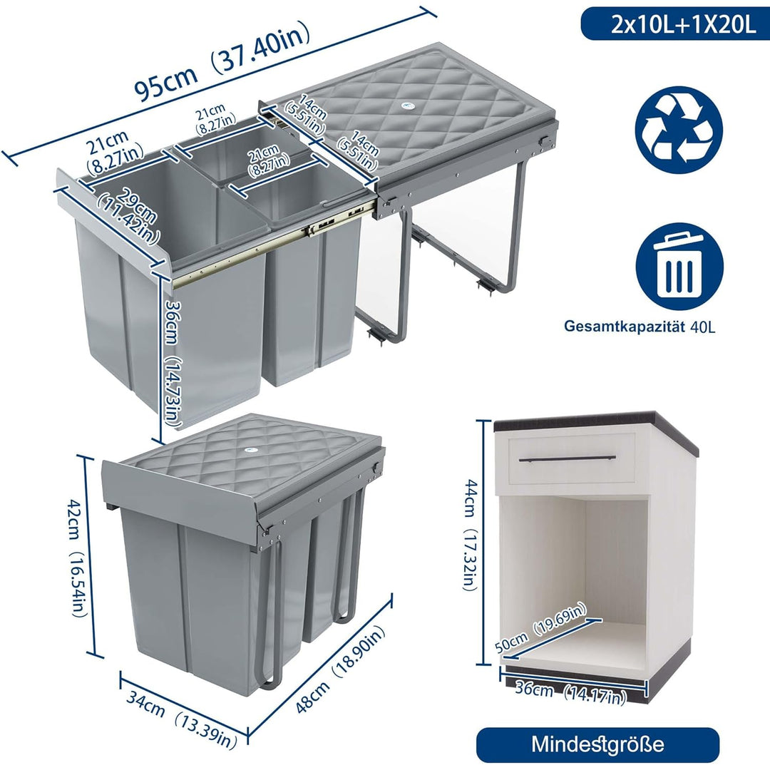 VA-Cerulean 3 Fächer Einbaumülleimer System 2x10+20 Liter, Abfallsammler Ausziehbarer Mülleimer mit